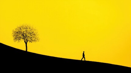 A lone figure walks along a sloping hill against a bright yellow sky, with a single tree standing at the crest