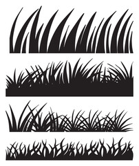 Set of four grass silhouettes vector isolated on white background. Collection of black tall grass clipart. Eco, natural illustration for concept design. Cartoon lines of plants and shrubs for framing 