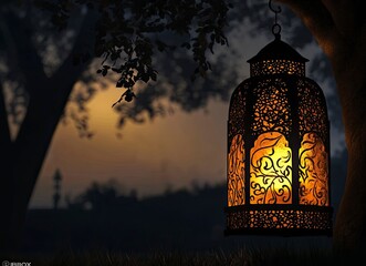 Fototapeta premium A traditional Ramadan lantern glowing in the dark, its intricate patterns casting an enchanting light on the surrounding landscape. 