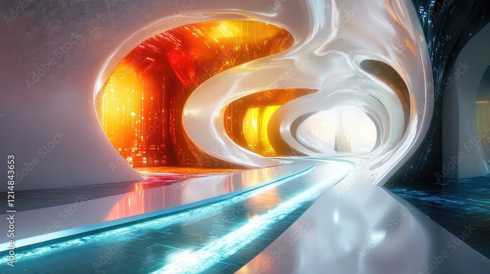 Poster a visually striking futuristic design with colorful streams of data and ambient lighting, highlighti