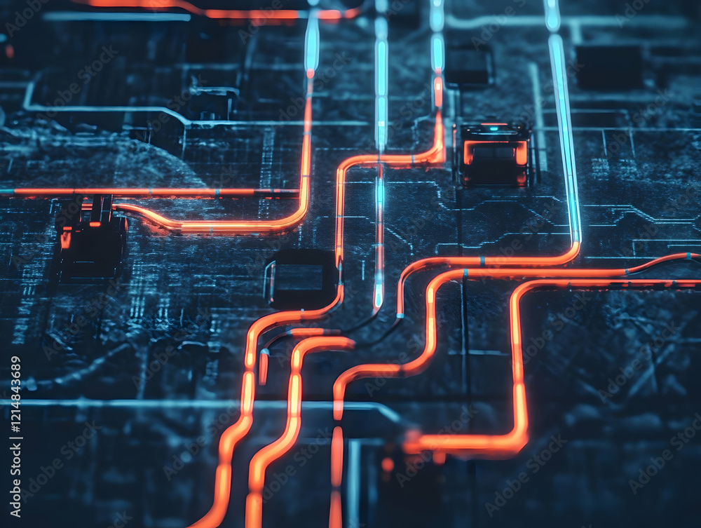 Aufkleber futuristic circuit board shows data flowing efficiently through glowing connections and chips