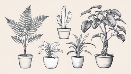 Monochrome Illustration of Potted Plants Fern Cactus Peace Lily Spider Plant Ficus