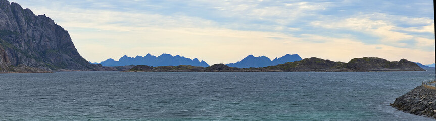 Naklejka premium Landscape at the road to Henningsvaer on Lofoten in Nordland county, Norway, Europe 