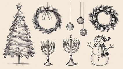 Hand drawn Winter Holiday Symbols Christmas Tree Wreath Menorah Snowman Ornaments
