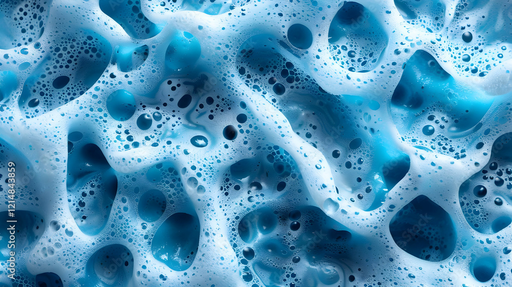 Poster abstract foam texture forms intricate patterns in blue and white hues with detailed bubbles and cell