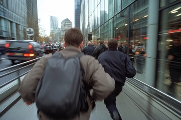 A dynamic view of two men running through a bustling city street, capturing the essence of movement and urgency in a metropolitan environment.