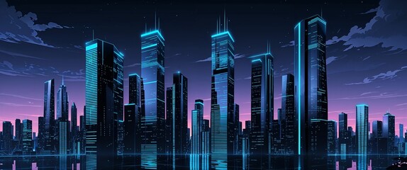 Shiny black skyscrapers with neon blue grid patterns glowing dark futuristic city sky illustration background design