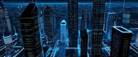 Fototapeta premium Shiny black skyscrapers with neon blue grid patterns glowing dark futuristic city sky illustration background design