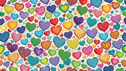 A seamless pattern featuring a colorful arrangement of heart shapes in various sizes and colors