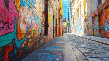 Fototapeta premium Vibrant graffiti decorates an urban alley, showcasing street art.