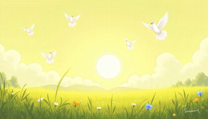 Obraz premium Bright yellow sky with sun and flying birds, perfect for cheerful designs, blogs, and uplifting messages
