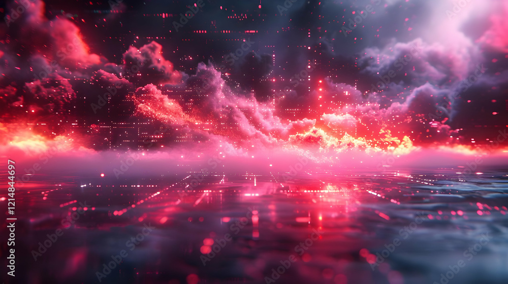 Poster abstract background shows red and pink clouds reflecting on water surface with glowing particles