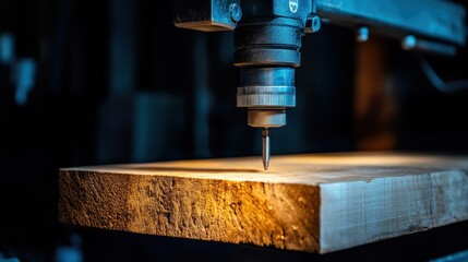 A close-up shot of a drilling machine poised over a piece of raw wood, showcasing the precision of woodworking tools, Ideal for use in articles or marketing materials related to carpentry