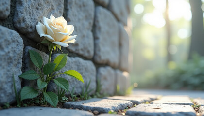 White Rose Growing in Stone for Inspirational Blogs and Designs