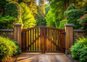 Dark Wooden Driveway Gates, Timber Picket Fence, Garden Entrance Stock Photo