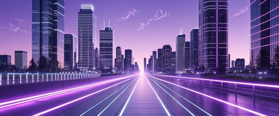 Obraz premium Sleek city with bright neon pathways and silver metallic roads soft purple sky illustration background design