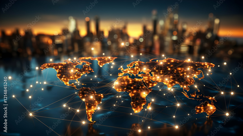 Poster global network connecting world map with lines and nodes against city skyline at sunset