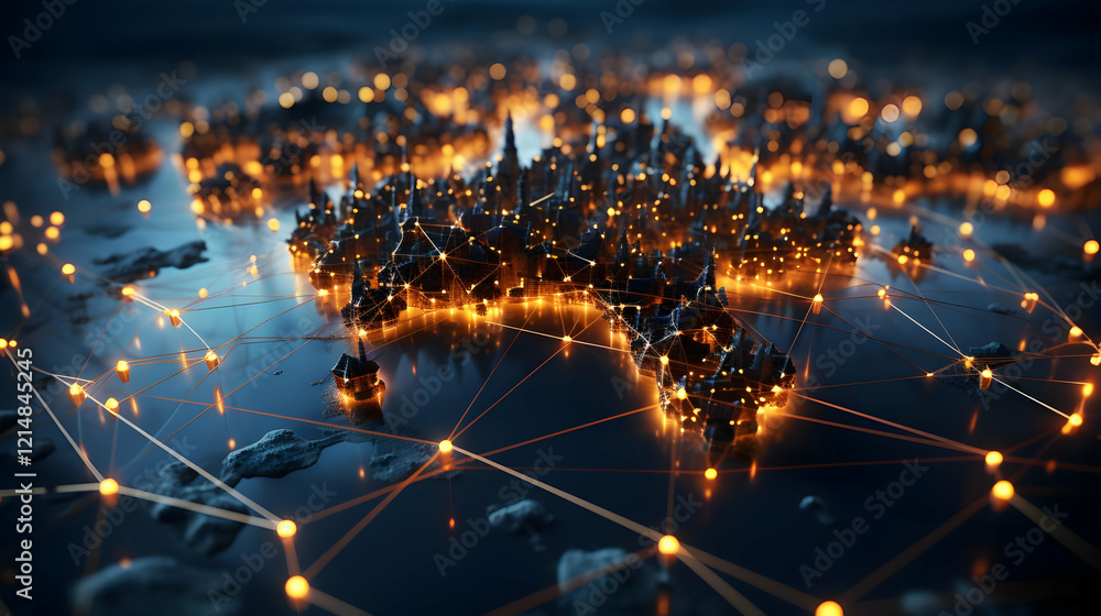 Poster 3d rendered cityscape shows interconnected networks with glowing lines and nodes