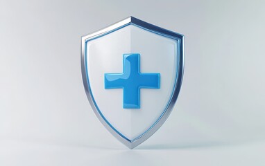 Obraz premium High-quality 3D rendering of a shield with a medical plus symbol in the middle, utilizing a blue and white theme, isolated on a plain white background. 