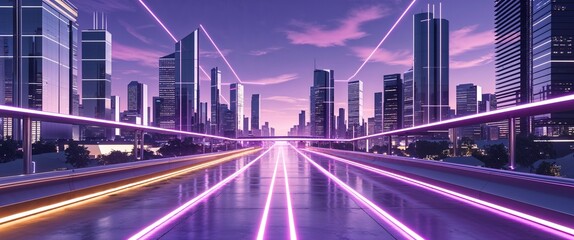 Fototapeta premium Sleek city with bright neon pathways and silver metallic roads soft purple sky illustration background design