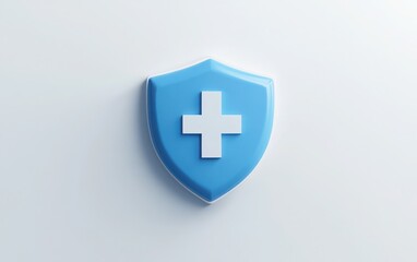 Obraz premium Minimalist 3D icon of a shield with a prominent plus symbol in the center, using a blue and white color scheme, isolated on a pure white background. 