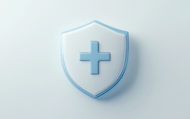 Obraz premium Minimalist 3D icon of a shield with a prominent plus symbol in the center, using a blue and white color scheme, isolated on a pure white background. 