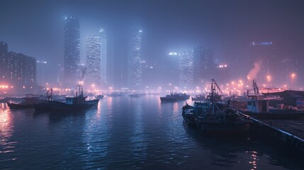 Naklejka premium Urban Serenity: Bustling Night Harbor with Fishing Boats and Glowing Skyscrapers in Cinematic Ultra-Detailed Shot