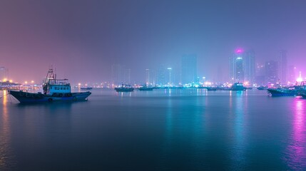 Fototapeta premium Illuminated Night Harbor with Fishing Boats and Distant Skyscrapers in Cinematic Style