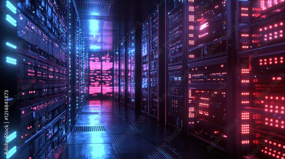 Aufkleber glowing neon lights casting vibrant hues across server racks in a modern data center, enhancing the 