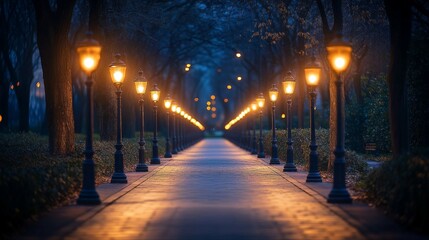 A peaceful night scene of a park path illuminated by warm streetlights, symbolizing solitude and reflection. Ideal for urban tranquility, relaxation themes, and outdoor lifestyle visuals.