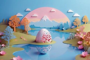 Colorful abstract paper cut easter egg(s) illustration with dreamy fantasy landscape and pastel colors decoration, seasonal holiday, culture and religion theme concept texture design.
