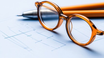A pair of stylish orange glasses rests next to a sleek pen and architectural plans, showcasing professionalism and creativity, This image is perfect for design, architecture