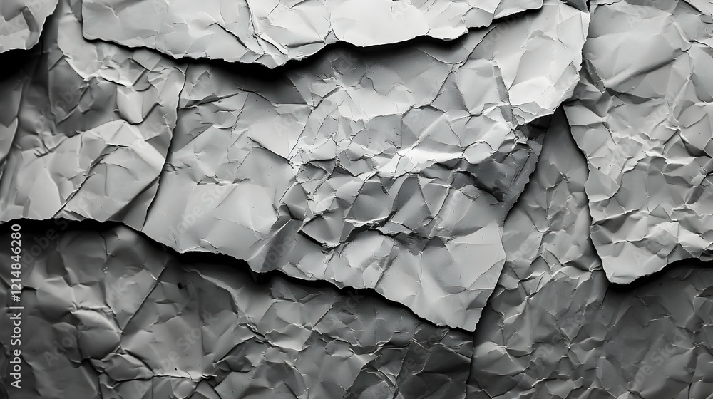Poster Crumpled Paper Texture Forms Abstract Background with Deep Shadows and Highlights