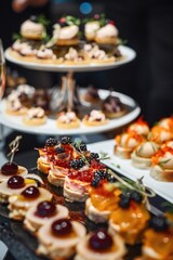 Variety of delicious, fruit-topped desserts presented on elegant platters.