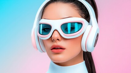 Fototapeta premium Stylish Woman in Futuristic Headphones with Colorful Background