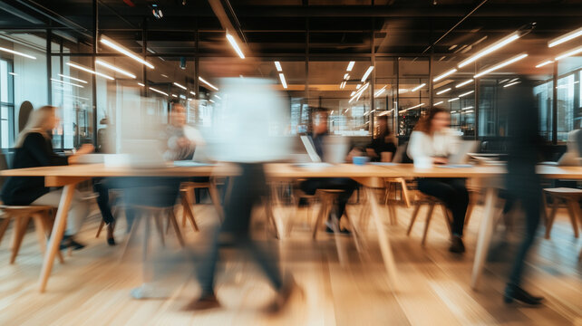 dynamic office environment with blurred motion, showcasing professionals engaged in discussions and teamwork. modern workspace emphasizes collaboration and productivity