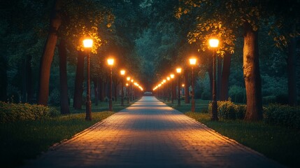 A peaceful night scene of a park path illuminated by warm streetlights, symbolizing solitude and reflection. Ideal for urban tranquility, relaxation themes, and outdoor lifestyle visuals.