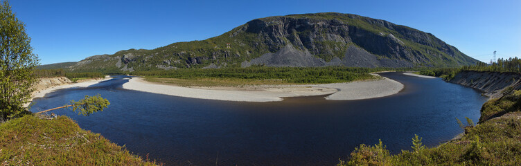 Panoramic view of Altaelva river at Alta in Troms county, Norway, Europe
