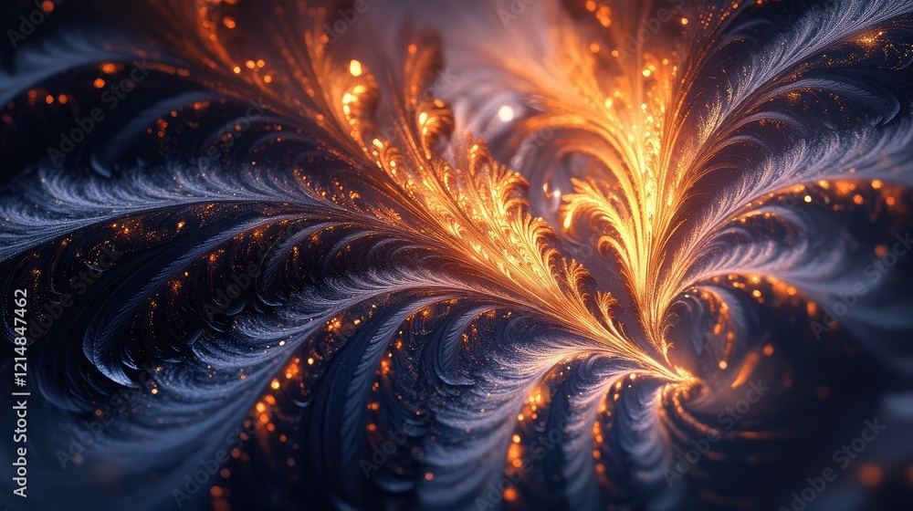 Poster captivating macro of frosted patterns in starburst and feathery shapes, glowing on a deep, shadowy b
