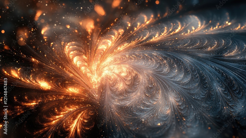 Poster captivating macro of frosted patterns in starburst and feathery shapes, glowing on a deep, shadowy b