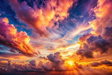 Naklejka premium Golden hour's pastel hues illuminate a dreamy cloudy sky, a vibrant sunset panorama.