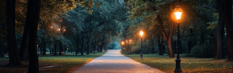 Fototapeta premium A peaceful night scene of a park path illuminated by warm streetlights, symbolizing solitude and reflection. Ideal for urban tranquility, relaxation themes, and outdoor lifestyle visuals.