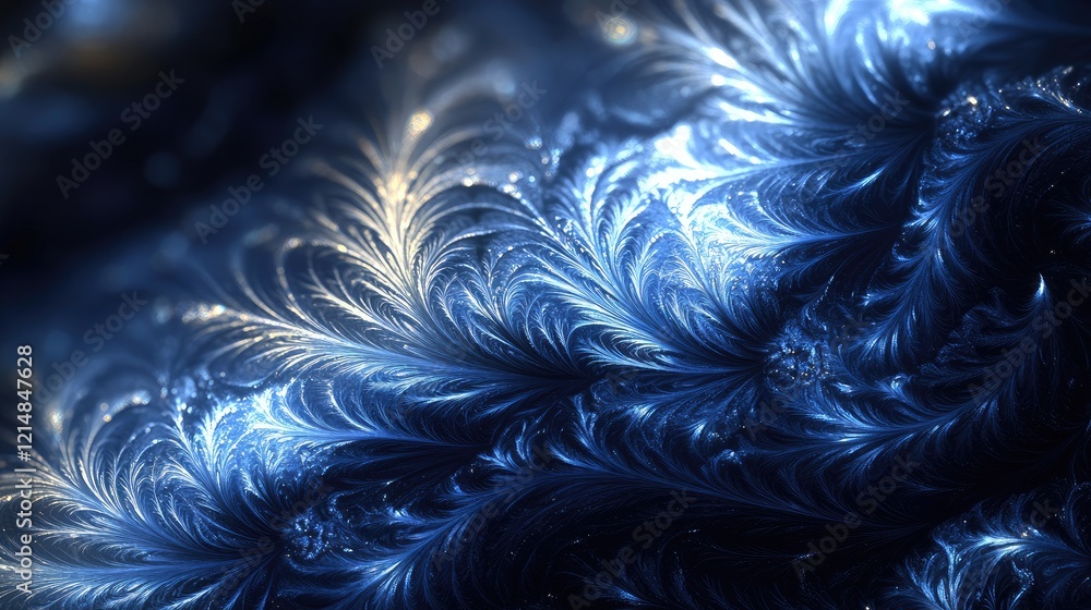 Poster captivating macro of frosted patterns in starburst and feathery shapes, glowing on a deep, shadowy b