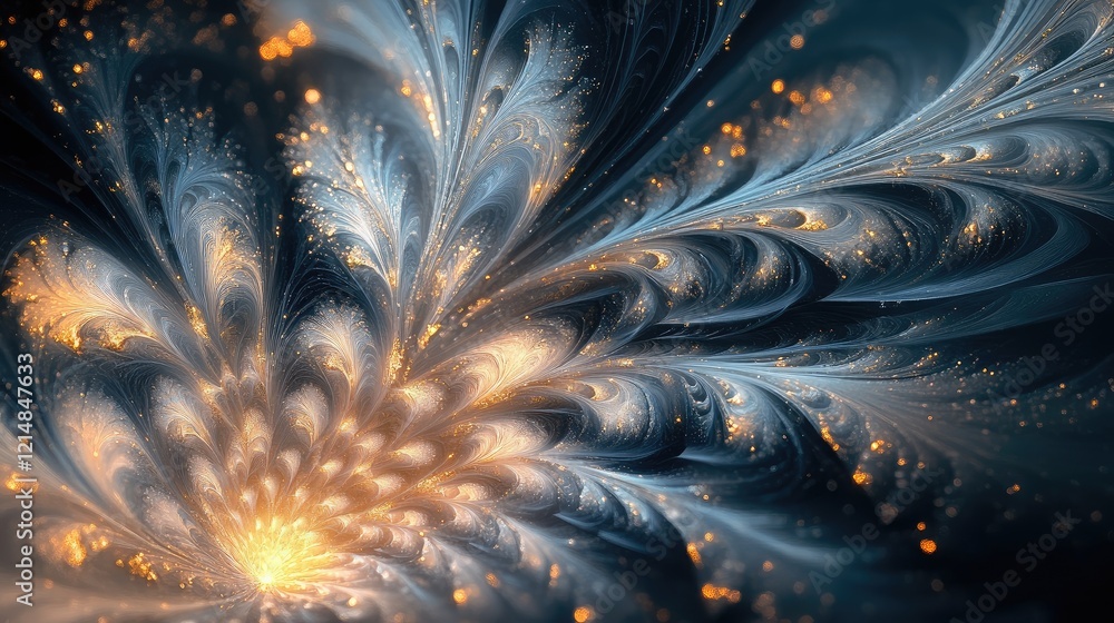 Poster captivating macro of frosted patterns in starburst and feathery shapes, glowing on a deep, shadowy b