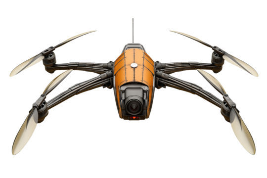 Foldable drone with visible propellers isolated on transparent white background