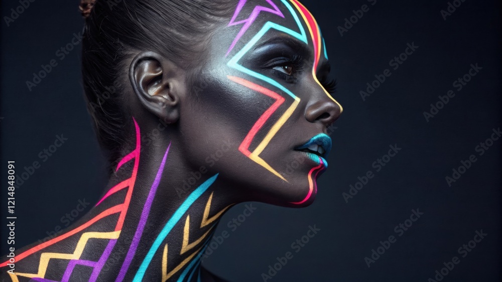 Poster a dramatic image of a face where vivid chevrons and lines in neon colors stretch across the canvas o