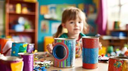recycling workshop for children where they are learning to create art projects from recycled materials like paper, cans, and fabric. Recycling waste, conserving the environment for sustainability 