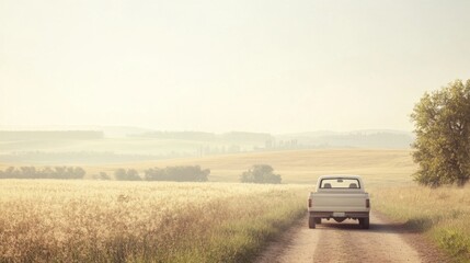 White pickup truck on rural dirt road, driving through a golden wheat field at sunrise.