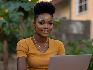 Fototapeta premium Young Woman Smiles at the Camera While Working on Her Laptop Outdoors with Greenery