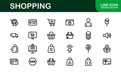 Premium Shopping Icons. Editable and Clean Designs for Retail, Online Shopping, Cart, Payment, and Delivery Services in Flat and Line Styles.